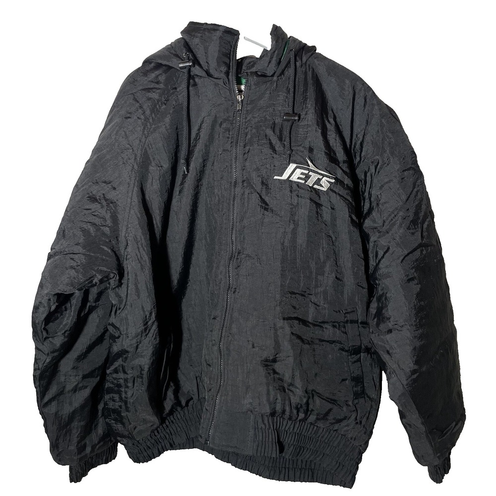 Vintage 90s New York Jets NFL Game Day Puffer Jacket XL Black Green Hooded Coat - Picture 2 of 9